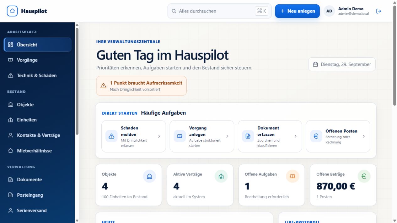 Hauspilot-Dashboard mit synthetischem Bestand und vorbereiteter Schadensmeldung