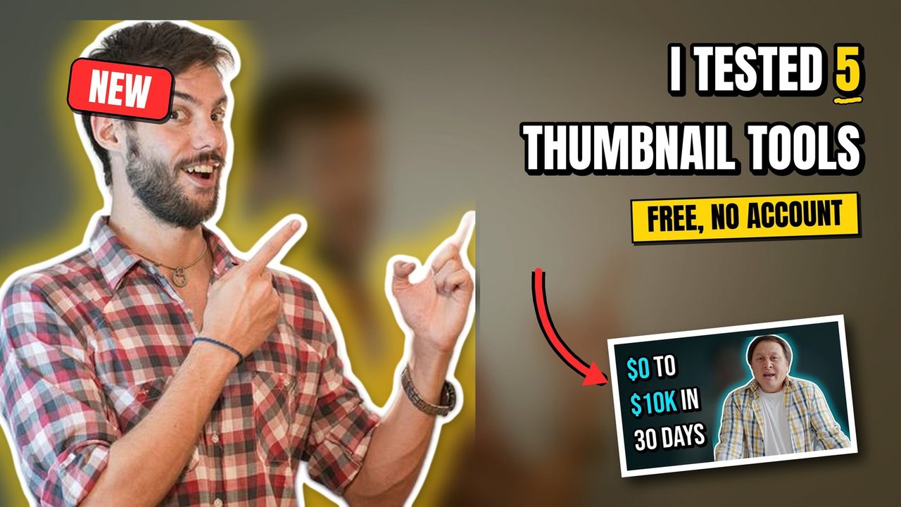 The same person cut out with a glow and a white outline on a blurred background, next to a large headline, a yellow bar and an inset picture with an arrow
